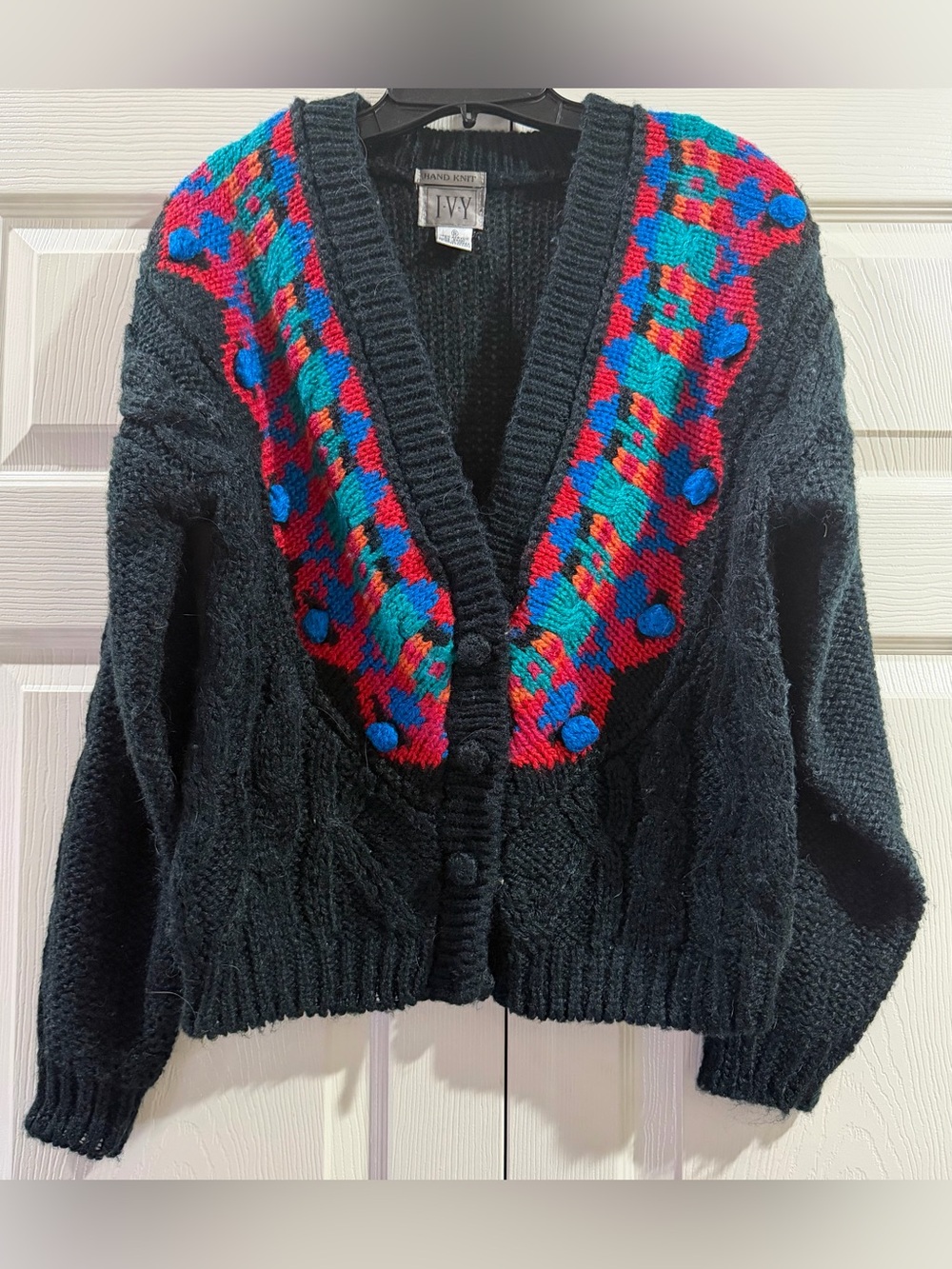 Vintage IVY Hand Knit Sweater Small Acrylic Padded Shoulders Crop Colorful Black